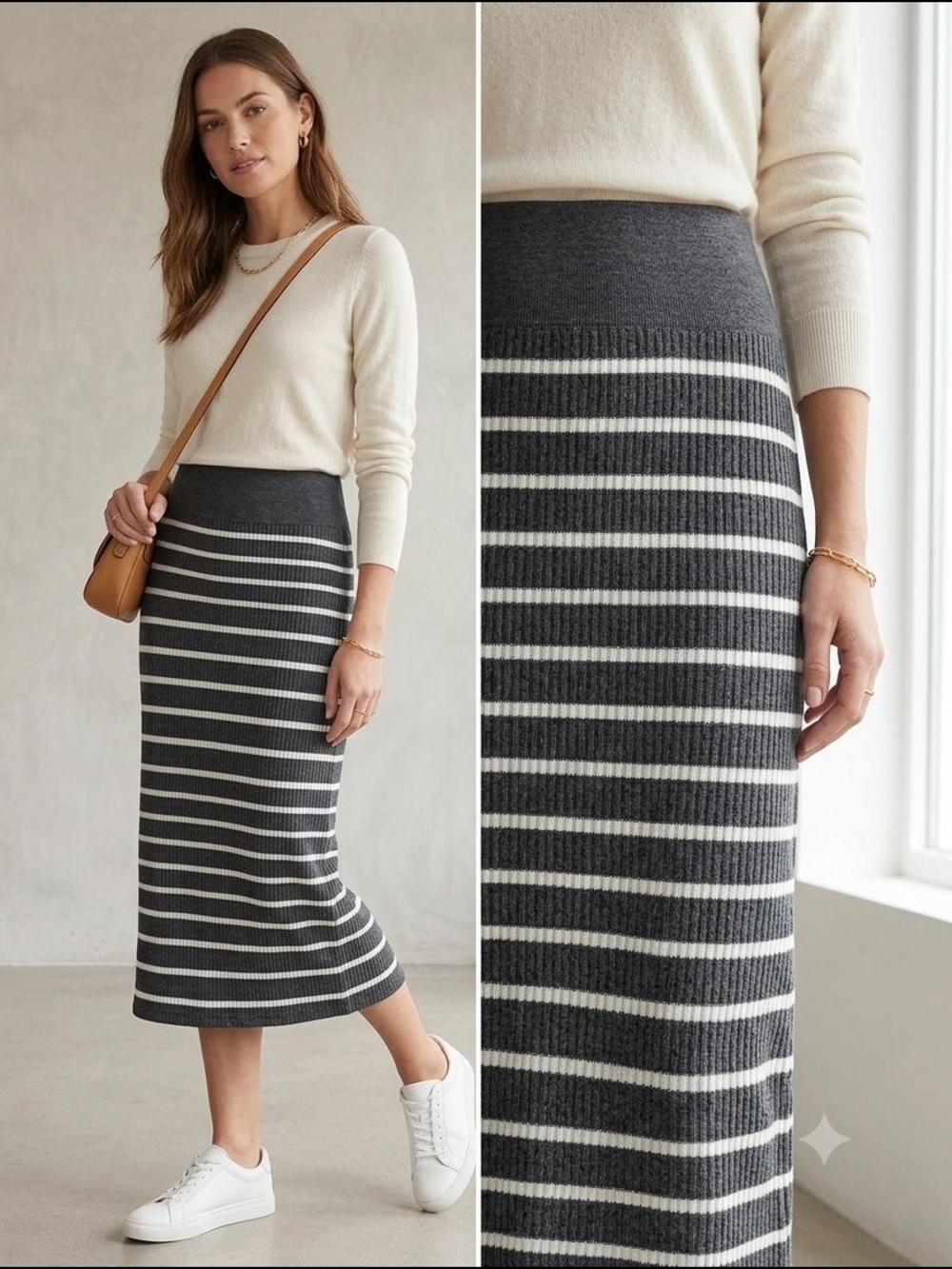 Gap Classic Gray and White Striped Knit Midi Pencil Skirt - Women's XS